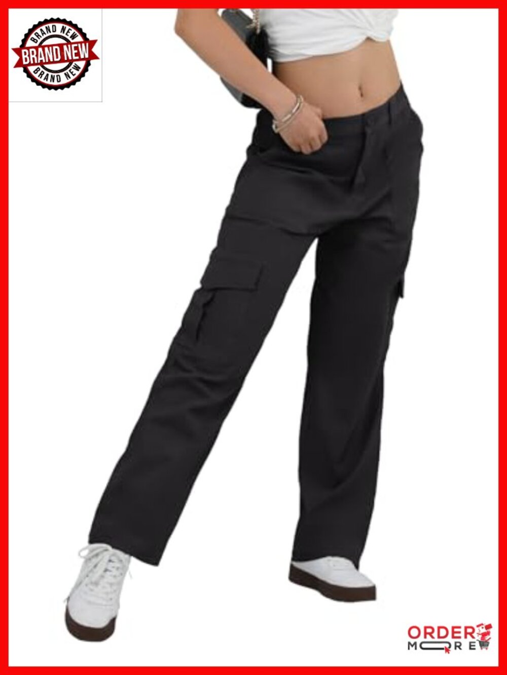High Waisted Baggy Cargo Pants Petite Cotton Stretch Utility Pockets